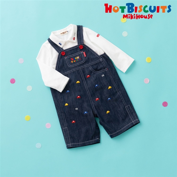 [ギフト] くるま刺繍 オーバーオール＆ポロシャツセット【BOX付き】 インディゴブルー　[ミキハウス　ホットビスケッツ] インディゴブルー 70cm