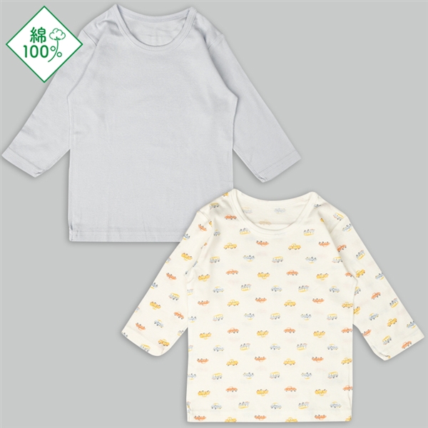 【再値下】【SALE】[ベビー]速く乾く　長袖　丸首シャツ　２枚組　くるま　サックス サックス 70cm