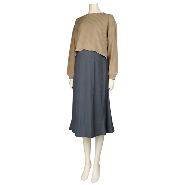 【再値下】【SALE】長袖サテンドッキングワンピース　ベージュ ベージュ M