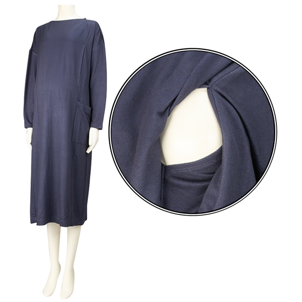 【SALE】[授乳口付き]長袖デニムライクワンピース　ネイビー ネイビー M