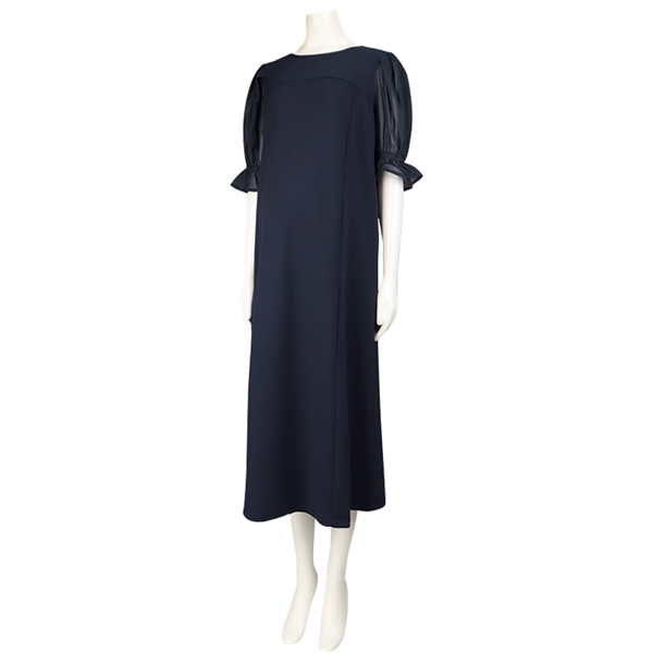 【SALE】[授乳機能付き]袖シフォン使いワンピース　ネイビー ネイビー M
