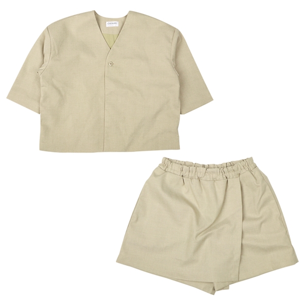 【再値下】【SALE】[キッズ]ノーカラージャケットキュロットセットアップ　ベージュ ベージュ 100cm