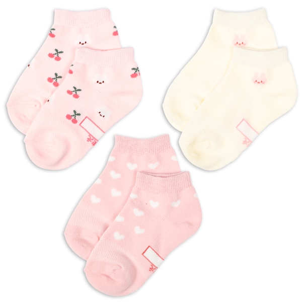 [キッズ]アンクルソックス３足組　うさぎチェリー　ピンク ピンク 13~18cm