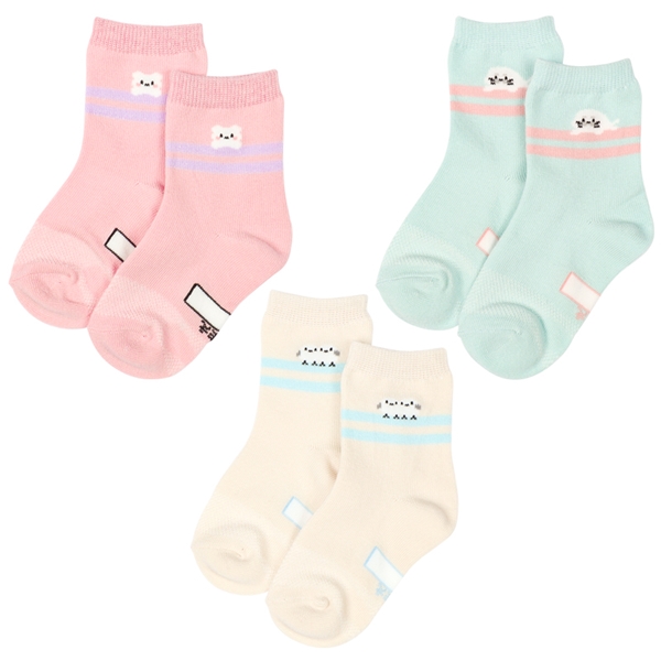 [キッズ]クルーソックス３足組　ライン動物 ピンク ピンク 13~18cm
