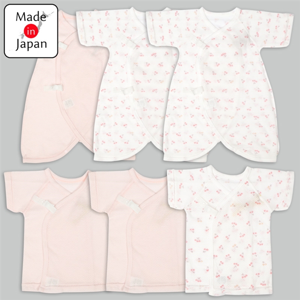 [スナップタイプ]メッシュ　新生児肌着６点セット　半袖・七分袖　ピンク ピンク 50~60cm