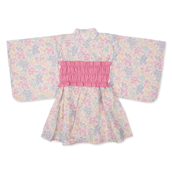 [キッズ]帯付トドラー浴衣ワンピース　リバティ花 パープル 100cm