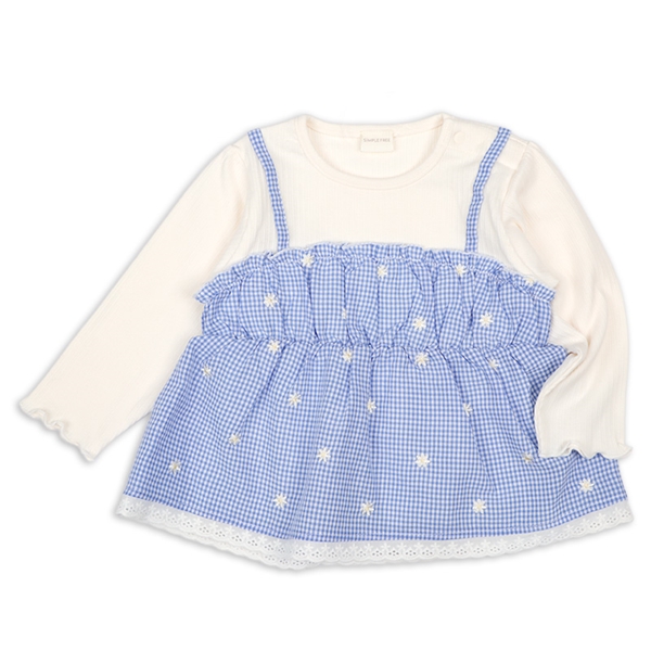 【SALE】[ベビー]長袖Ｔシャツ　レイヤード風　チェック刺しゅう　ブルー ブルー 80cm