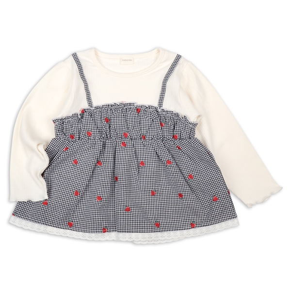 【SALE】[キッズ]長袖Ｔシャツ　レイヤード風　チェック刺しゅう　ブラック ブラック 100cm