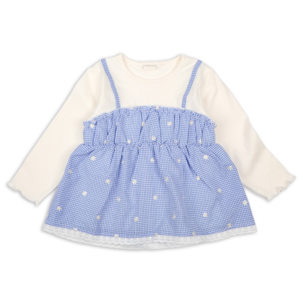 【SALE】[キッズ]長袖Ｔシャツ　レイヤード風　チェック刺しゅう　ブルー ブルー 100cm