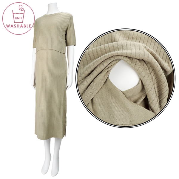 【SALE】[授乳口付き]半袖ウォッシャブルリブニットワンピース　カーキ カーキ L