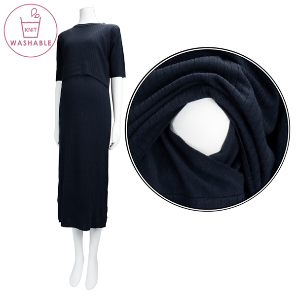 【SALE】[授乳口付き]半袖ウォッシャブルリブニットワンピース　ネイビー ネイビー L
