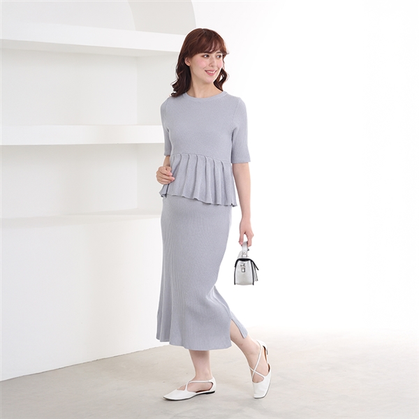 [授乳口付き]ウォッシャブル5分袖ニットペプラムワンピース　サックス サックス M