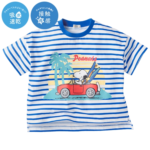 [キッズ]半袖Tシャツ　ボーダー　機能性　スヌーピー　ブルー ブルー 100cm