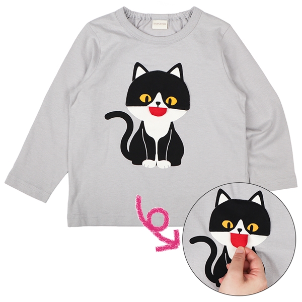 [ベビー]長袖　Ｔシャツ　きになるねこ グレー 80cm