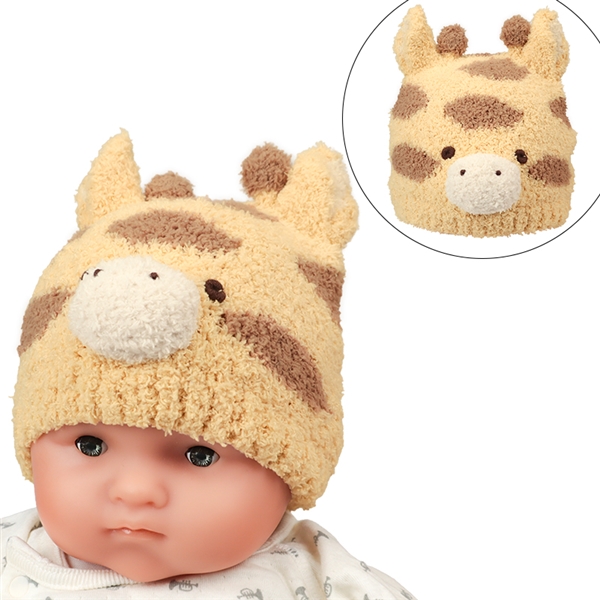 [40~48cm]ニット帽　アニマルモコモコ　どうぶつえん　キリン カラシ 40~42cm
