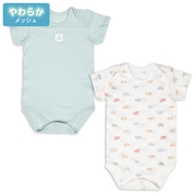 [ベビー]やわらかメッシュ　半袖ロンパース　２枚組　かぶり　くるま　グリーン