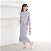 [授乳口付き]ウォッシャブル5分袖ニットペプラムワンピース　サックス