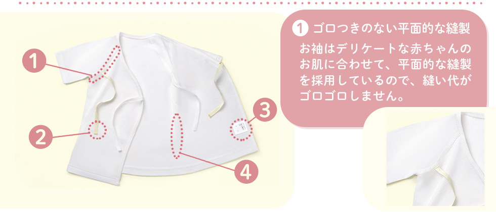 1.ゴロつきのない平面的な縫製：お袖はデリケートな赤ちゃんのお肌に合わせて、平面的な縫製を採用しているので、縫い代がゴロゴロしません。