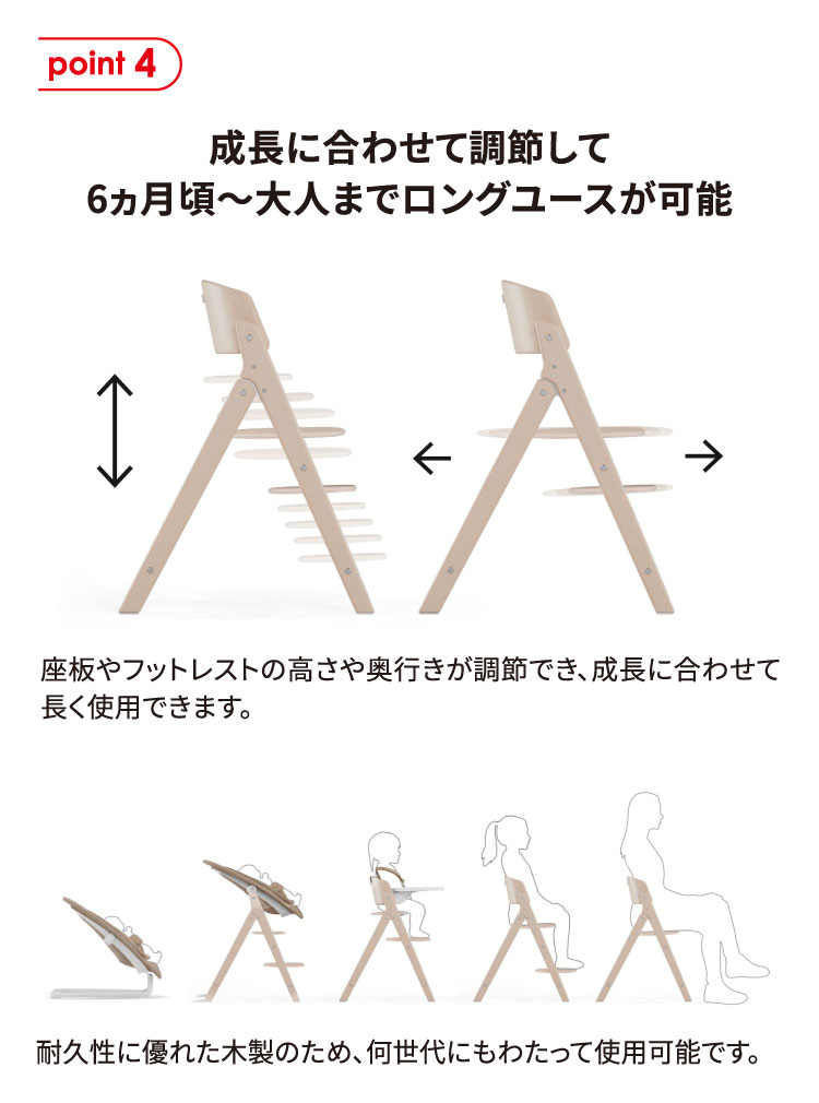 成長に合わせて調節して6ヵ月頃～大人までロングユースが可能