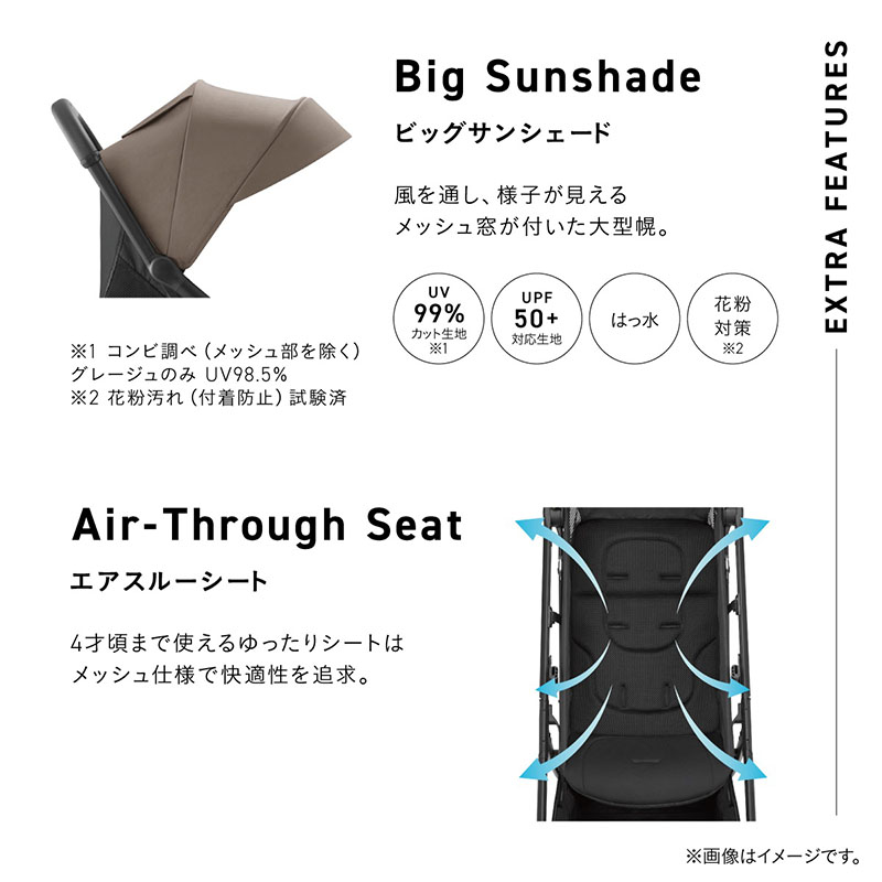 Big Sunshade. ビッグサンシェード。風を通し、様子が見えるメッシュ窓が付いた大型幌。ベビーカーを横から見た、幌のクローズアップのイメージ。UV99％カット生地（※1）、UPF50+対応生地、はっ水、花粉対策（※2）。Air-Through Seat. エアスルーシート。4才まで使えるゆったりシートはメッシュ仕様で快適性を追求。風の流れを矢印のイメージで表現したシート部分にクローズアップしたイメージ。※1 コンビ調べ（メッシュ部を除く）グレージュのみUV98.5％。※2 花粉汚れ（付着防止）試験済。
