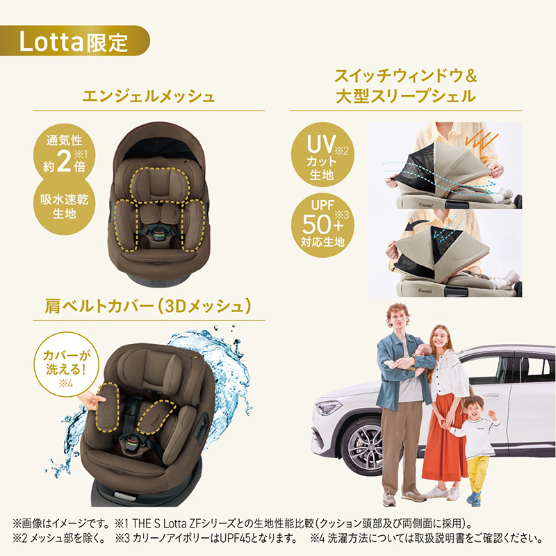 Lotta限定。エンジェルメッシュ：通気性約2倍※1。吸水速乾生地。スイッチウィンドウ＆大型スリープシェル：UVカット生地※2、UPF50+対応生地※3。肩ベルトカバー（3Dメッシュ）：カバーが洗える！※4。※1 THE S Lotta ZFシリーズとの生地性能比較。※2 メッシュ部を除く。※3 カリーノアイボリーはUPF45となります。※4 洗濯方法については取扱説明書をご確認ください。