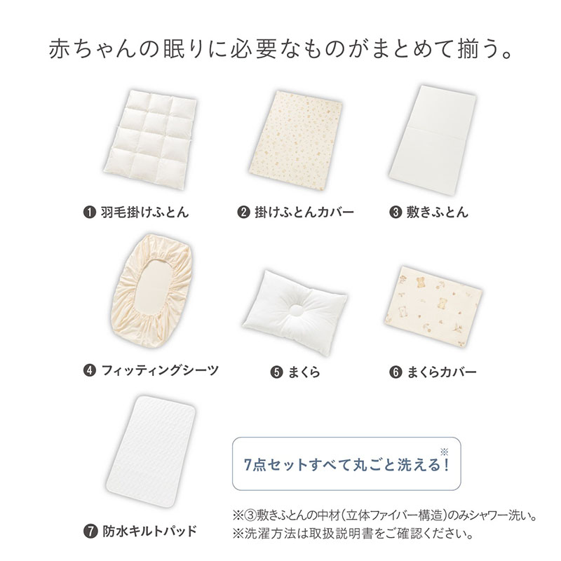 赤ちゃんの眠りに必要なものがまとめて揃う。すくすや ベビー羽毛ふとんセットの内容。1.羽毛掛けふとん、2.掛けふとんカバー、3.敷きふとん、4.フィッティングシーツ、5.まくら、6.まくらカバー、7.防水キルトパッド。7点セットすべて丸ごと洗える！（※ 3.敷きふとんの中材（立体ファイバー構造）のみ、シャワー洗い。※洗濯方法は取扱説明書をご確認ください。）各アイテムの商品画像と、各名称が記載されたイメージ。
