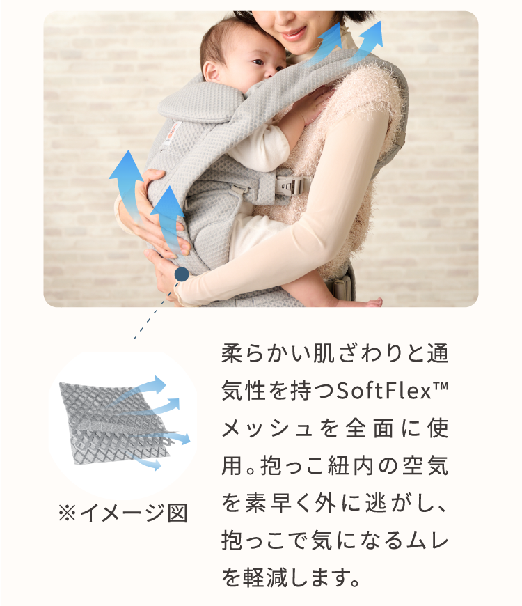 柔らかい肌ざわりと通気性を持つSoftFlex(TM)メッシュを全面に使用。抱っこ紐内の空気を素早く外に逃がし、抱っこで気になるムレを軽減します。
