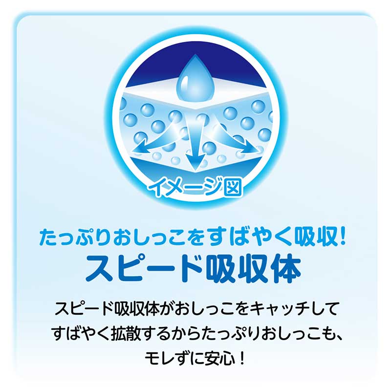 たっぷりおしっこをすばやく吸収！「スピード吸収体」 スピード吸収体がおしっこをキャッチしてすばやく拡散するからたっぷりおしっこも、モレずに安心！