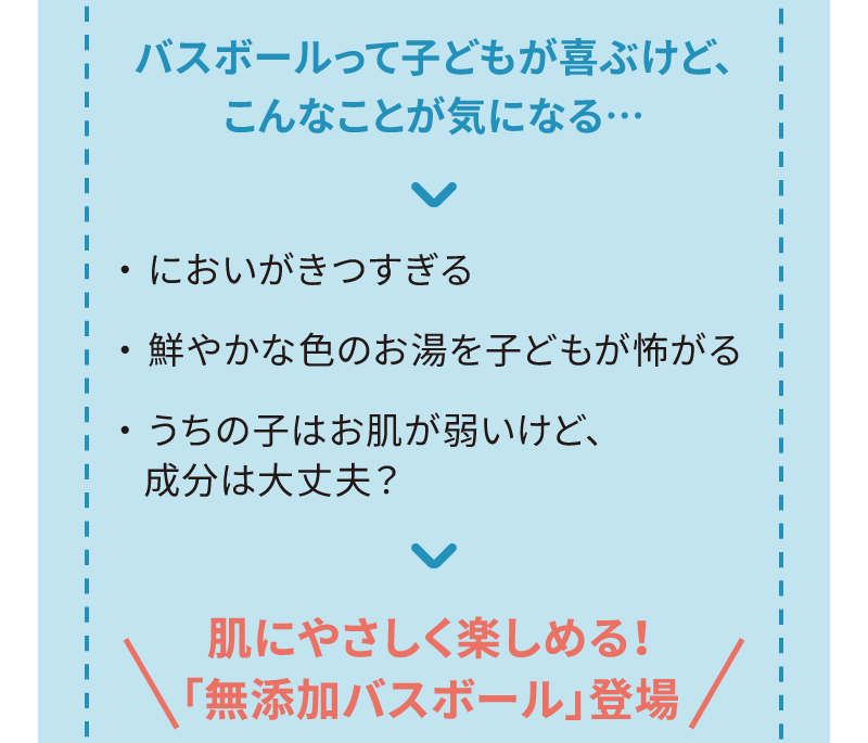 バスボールって子どもが喜ぶけど、こんなことが気になる… ＞ においがきつすぎる・鮮やかな色のお湯を子どもが怖がる・うちの子はお肌が弱いけど、成分は大丈夫？ ＞ 肌にやさしく楽しめる！「無添加バスボール」登場