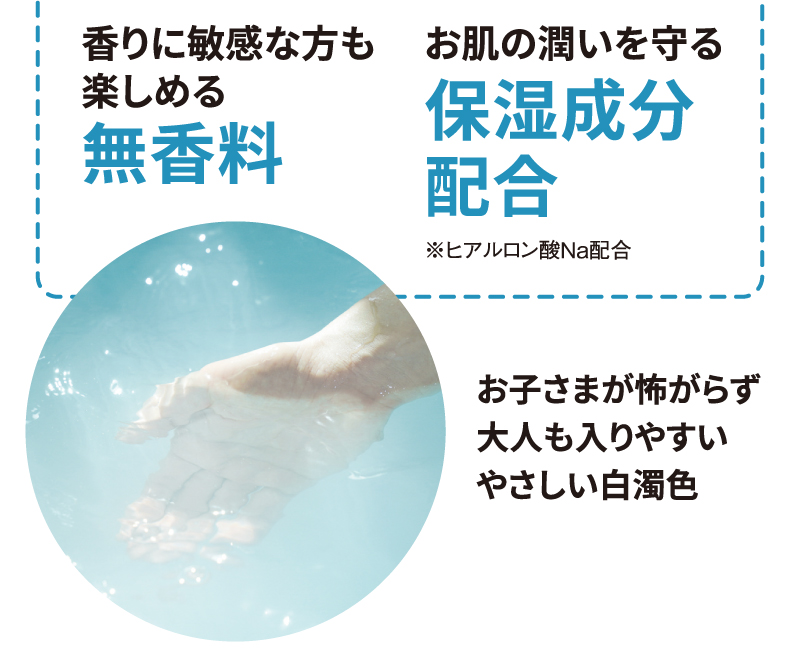 [香りに敏感な方も楽しめる無香料 お肌の潤いを守る保湿成分配合] ※ヒアルロン酸Na配合 お子さまが怖がらず大人も入りやすいやさしい白濁色