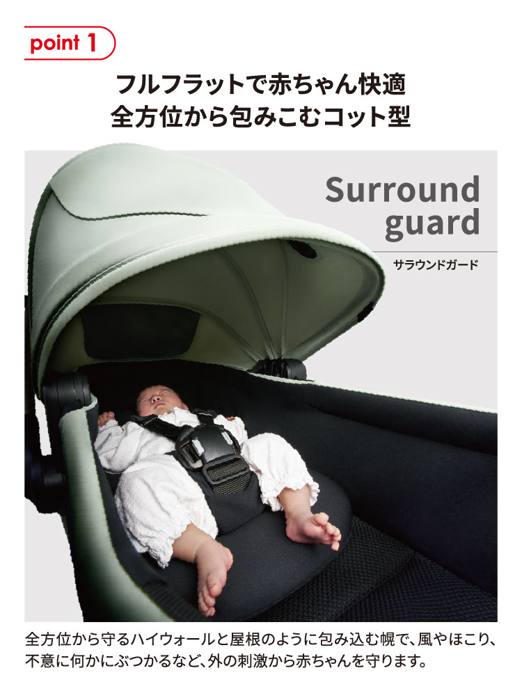 point1 サラウンドガード：フルフラットで赤ちゃん快適 全方位から包みこむコット型