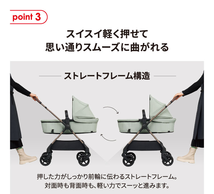 point3 スイスイ軽く押せて思い通りスムーズに曲がれるストレートフレーム構造：押した力がしっかり前輪に伝わるストレートフレーム。対面時も背面時も、軽い力でスーッと進みます。