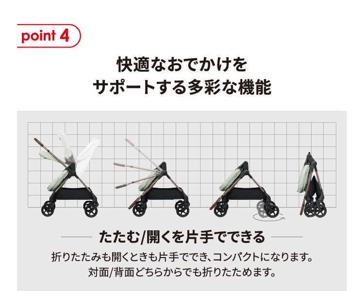 point 4 快適なおでかけをサポートする多彩な機能 たたむ/開くを片手でできる：折りたたみも開くときも片手ででき、コンパクトになります。対面/背面どちらからでも折りたためます。