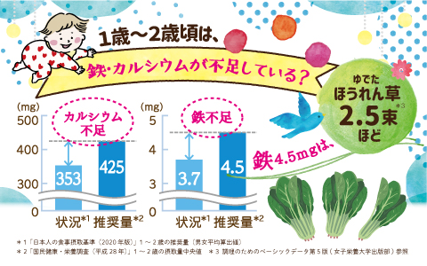 1歳～2歳頃は鉄カルシウムが不足していることを示す棒グラフ