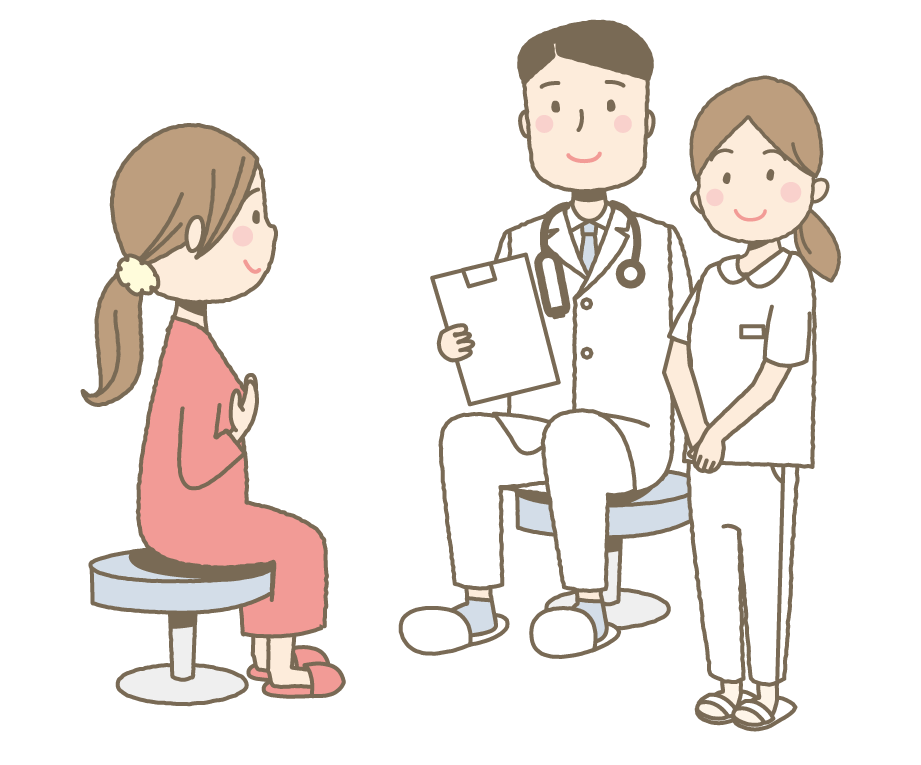 入院にあたって医師・看護師と面談をする妊婦