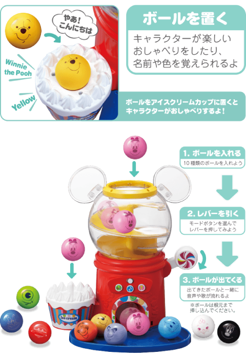 1.ボールを入れる 2.レバーを引く 3.ボールが出てくる